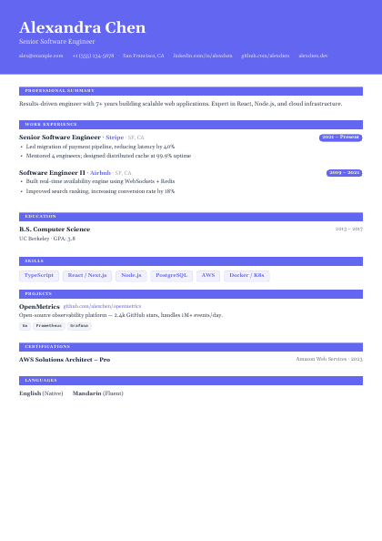 Resume made with the JotCV resume builder — Modern Classic template
